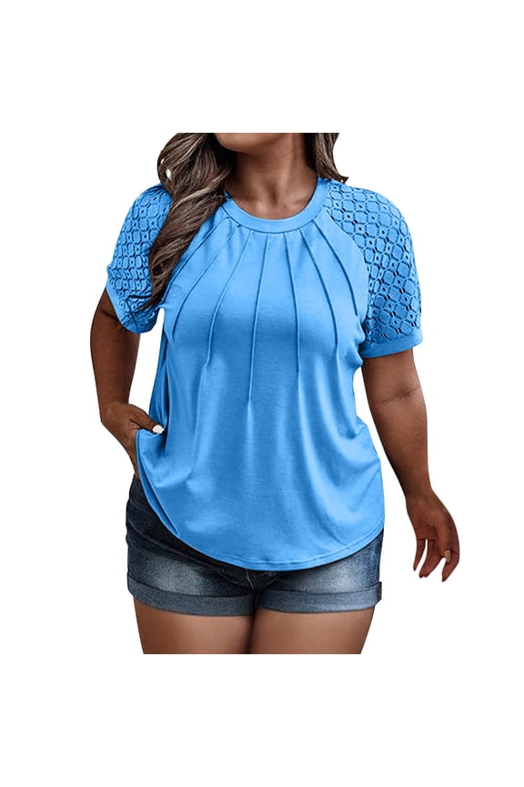 Plus Size Tops for Women Summer Reglan Shirts Trendy Crewneck Lace Short Sleeve Tunics Casual Blouses L-5XL