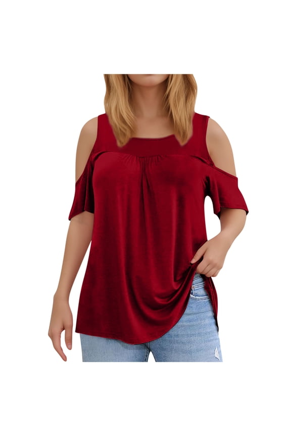 Plus Size Tunic for Women Casual Loose Cold Shoulder Shirts Short Sleeve Solid Color Blouses Summer Clothes