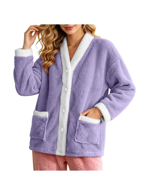 Plush Bed Jackets for Women Fuzzy Fleece Pajama Tops Button down Loungewear Long Sleeve Winter Coats Cardigan with Pockets