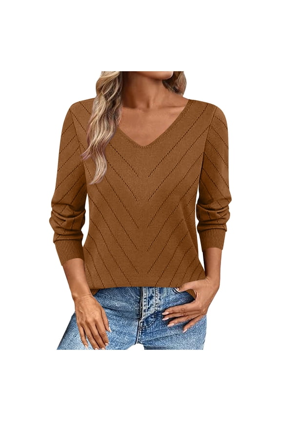 Pullover Sweaters for Women Lightweight Fall Fashion Tops V Neck Long Sleeve Trendy Crochet Pointelle Sweater