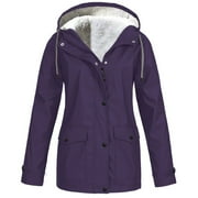 BLVB Raincoat for Women Warm Winter Fleece Lined Hooded Zip-Up Coats Outdoor Waterproof Windbreaker Rain Jacket