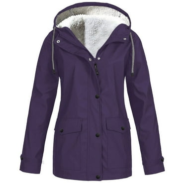 BLVB Raincoat for Women Warm Winter Fleece Lined Hooded Zip-Up Coats Outdoor Waterproof Windbreaker Rain Jacket
