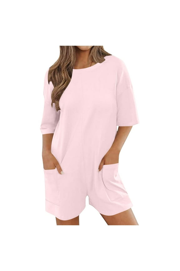 Rompers for Women Summer Athletic Oversized Shorts Romper Half Sleeve V Backless Jumpsuit with Pockets