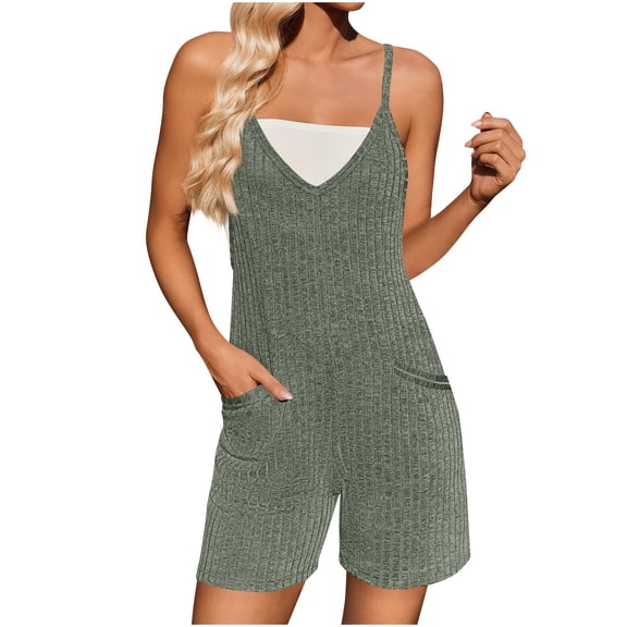 BLVB Rompers for Women Summer Casual Sleeveless Spaghetti Strap Jumpsuit Ribbed Shorts Overalls Beach Vacation Clothes with Pockets