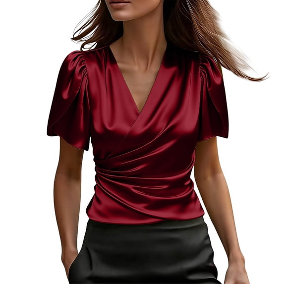 BLVB Satin Blouses for Women Short Petal Sleeve Silk Shirts Wrap V Neck Ruched Elegant Business Casual Tops