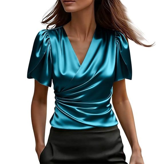 BLVB Satin Blouses for Women Short Petal Sleeve Silk Shirts Wrap V Neck Ruched Elegant Business Casual Tops