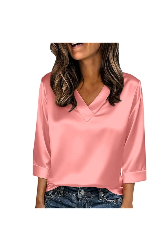 Satin Blouses for Women Silky Shirts V Neck 3/4 Sleeve Business Casual Loose Office Work Tops Spring Summer Clothes