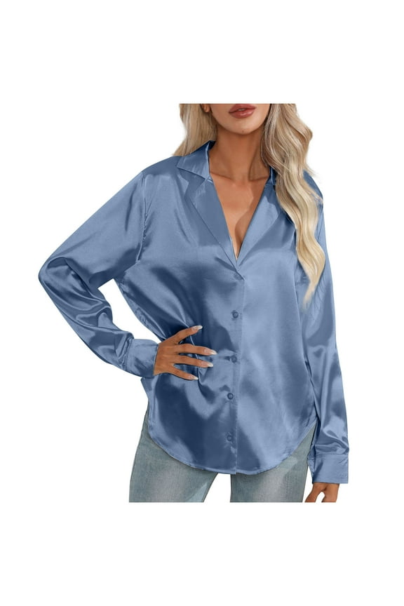 Satin Button down Shirts for Women Long Sleeve Lapel Office Work Blouses Casual Loose Business Silk Tunic Tops