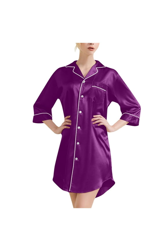 Satin Nightgown for Women Button down Sleep Shirt 3/4 Sleeve Sleepwear Pajama Top Nightshirt S-XXL