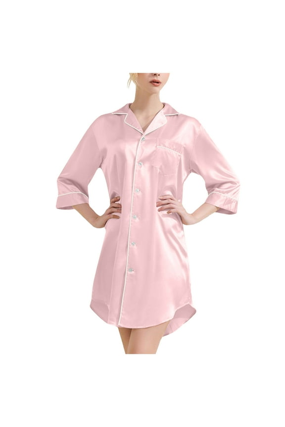 Satin Nightgown for Women Button down Sleep Shirt 3/4 Sleeve Sleepwear Pajama Top Nightshirt S-XXL