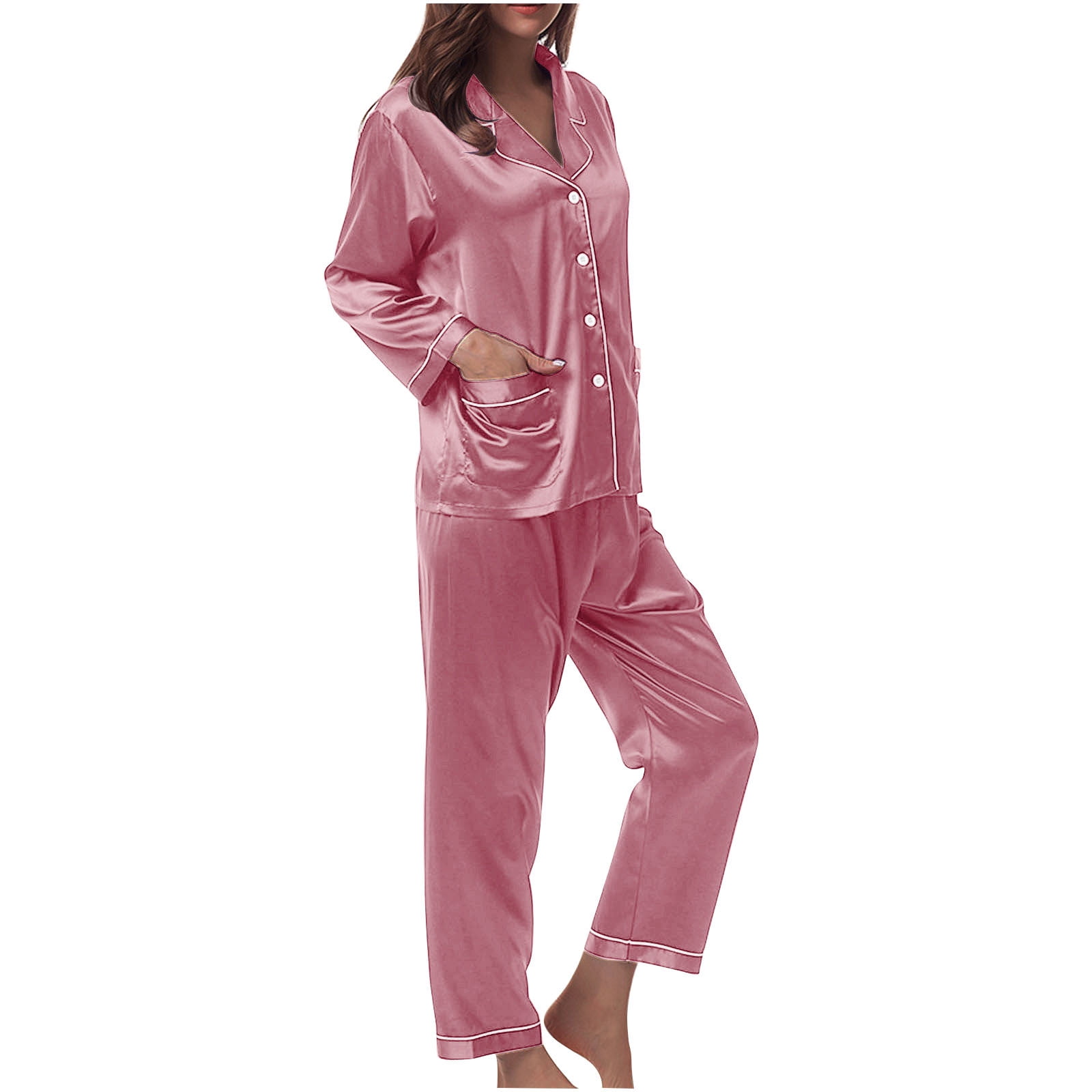 BLVB Satin Pajamas Set Women's Long Sleeve Sleepwear Button Down Loungewear  Nightwear Silk Pjs with Pockets Hot Pink 