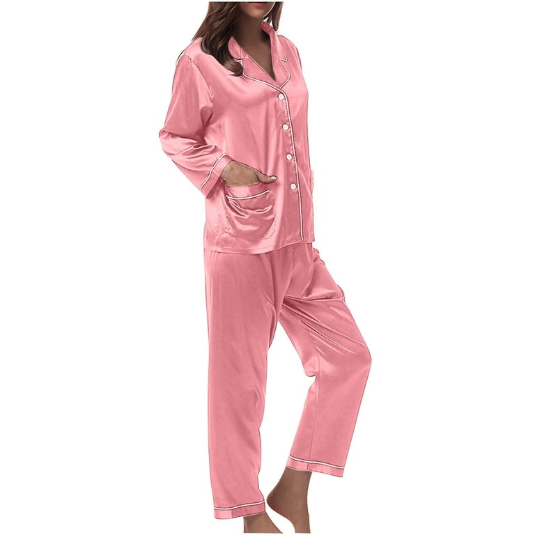 BLVB Satin Pajamas Set Women s Long Sleeve Sleepwear Button Down Loungewear Nightwear Silk Pjs with Pockets Pink