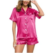BLVB Satin Pajamas Set Womens Short Sleeve Tops Sleepwear Soft Silk Button Down Loungewear Comfy Pjs Shorts Set Homewear