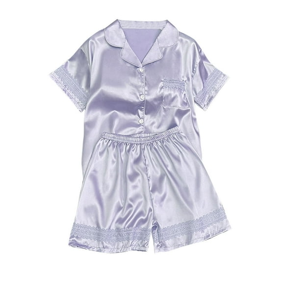 BLVB Satin Pajamas Sets for Women Lace Trim Lounge Pjs Sets Short Sleeve Button down Shirts with Shorts Sleepwear