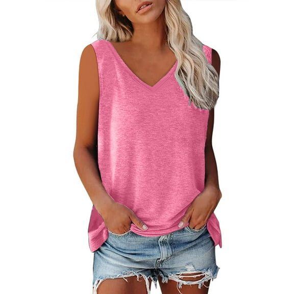 BLVB Sleeveless Tops for Women V Neck Solid Color Casual T Shirts Loose Comfy Basic Tank Tops Summer Clothes