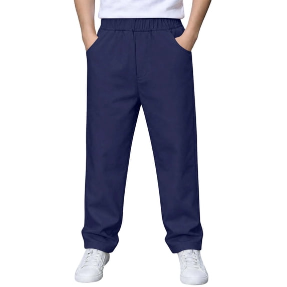 BLVB School Uniform Pants for Boys Pull-On Elastic Waist Straight Fit Dress Pants for Kids with Pockets(Navy,14-15 Years)