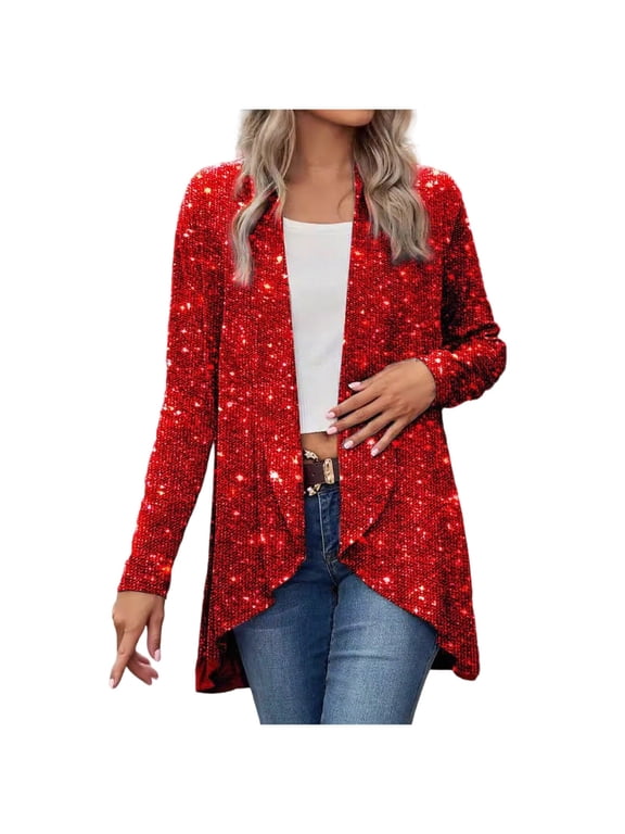 Sequin Cardigans for Women Sparkly Long Sleeve Open Front Outerwear Coat Shimmer Glitter Holiday Party Jackets