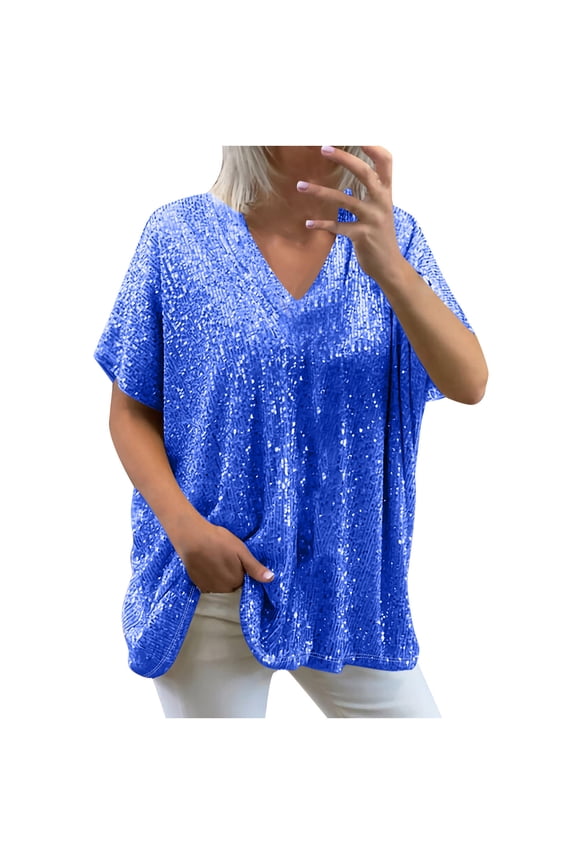 Sequin Tops for Women Short Sleeve Dressy Sparkly Going out Tops Glitter Blouse Party Club Cocktail Shirt Blue