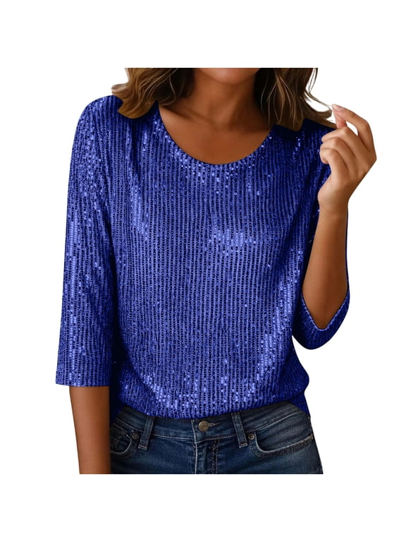 Sequin Tops for Women Sparkly 3/4 Sleeve Crewneck Shiny Shirts Lightweight Glitter Tunic Blouse Party Night Going out Tops(Blue,Medium)