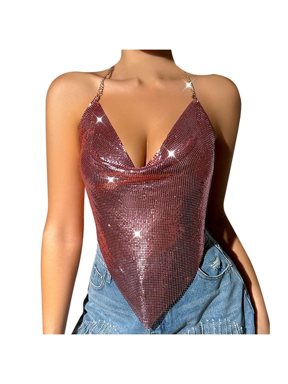 Sequin Tops for Women Sparkly Deep V Neck Metal Crop Camisole Tops Cami Backless Chain Top for Night Club Party Rose Gold