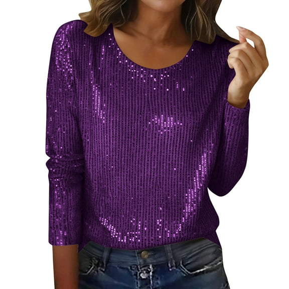 BLVB Sequin Tops for Women Sparkly Tunic Shirt Party Top Glitter Long Sleeve Crewneck Blouses Evening Club Outfits