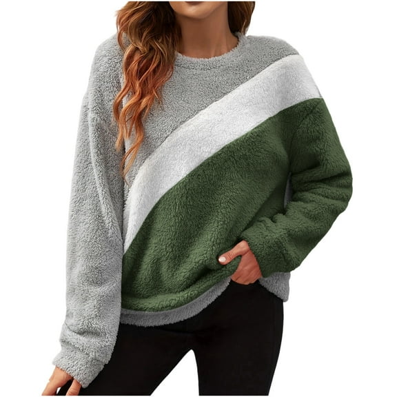 BLVB Sherpa Fleece Sweatshirts for Women Fall Trendy Color Block Pullover Long Sleeve Crewneck Soft Fuzzy Sweaters Winter Warm Outfits