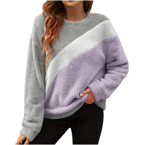 BLVB Sherpa Fleece Sweatshirts for Women Fall Trendy Color Block Pullover Long Sleeve Crewneck Soft Fuzzy Sweaters Winter Warm Outfits