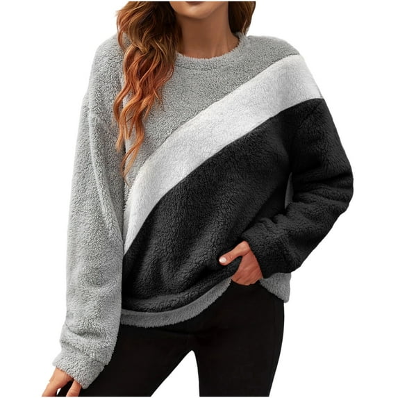 BLVB Sherpa Fleece Sweatshirts for Women Fall Trendy Color Block Pullover Long Sleeve Crewneck Soft Fuzzy Sweaters Winter Warm Outfits