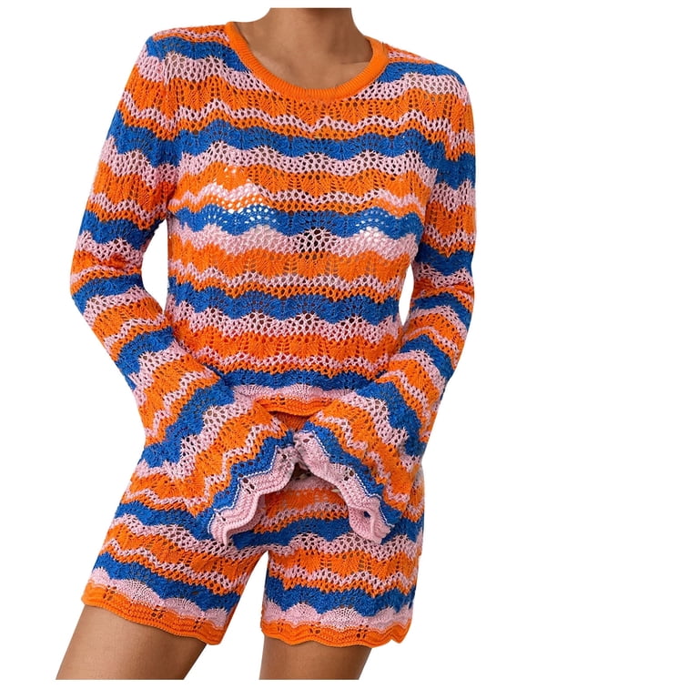 BLVB Short Sets Women Piece Outfits Crochet Knit Color Block