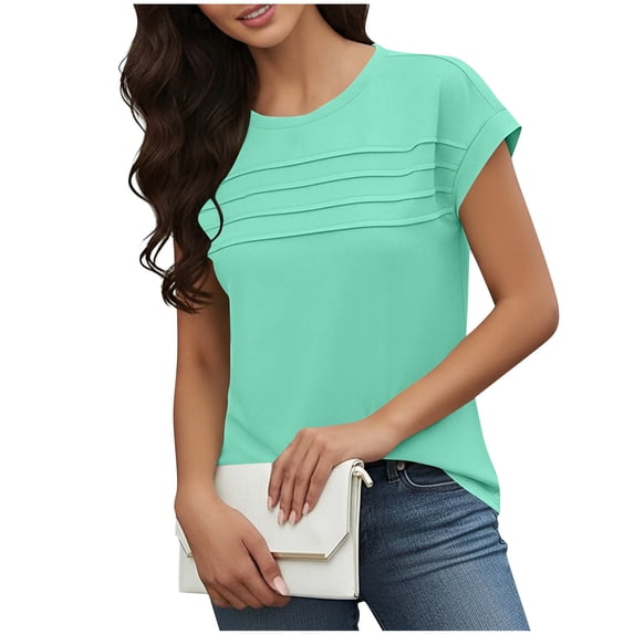 BLVB Short Sleeve Tops Womens T Shirts Blouses Dressy Casual Crewneck Pleated Front Loose Fit Summer Outfits