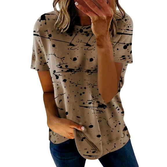 BLVB Short Sleeve Tops for Women Trendy Crewneck Printed Tee Shirts Casual Dressy Loose Summer Tee Tops Blouse