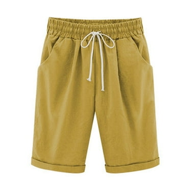 BLVB Shorts for Women Casual Summer Knee Length Shorts Elastic Waist Drawstring Cotton Linen Plus Size Shorts with Pockets