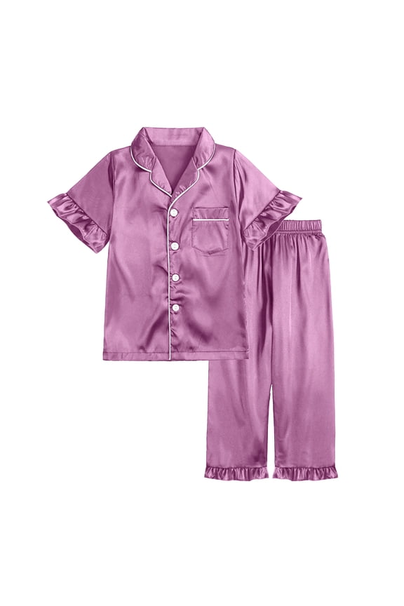Silk Satin Pajamas Set Girls 2 Piece Pj Sets Ruffle Short Sleeve Long Pants Sleepwear Soft Button down Loungewear for Kids