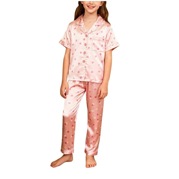 BLVB Silk Satin Pajamas Set Girls 2 Piece Pj Sets Short Sleeve Sleepwear Soft Button down Loungewear Valentine's Day Outfits for Kids