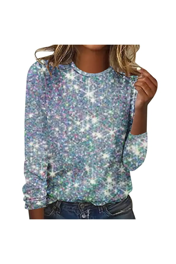 Sparkle Tops for Women Casual Long Sleeve Crewneck Glitter Going out Party Tee Tops Shirts Trendy Clothes Silver