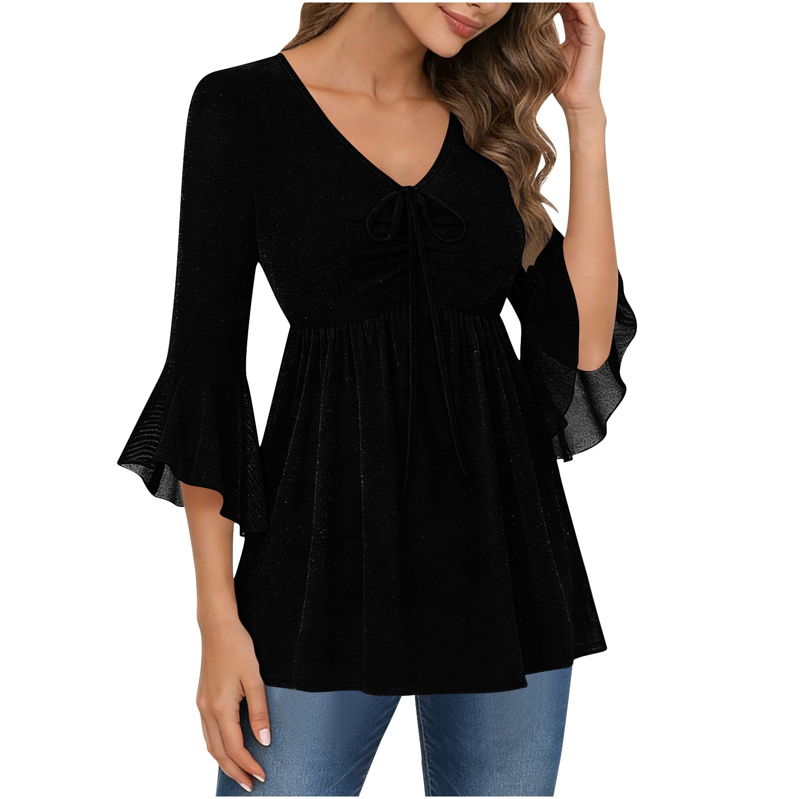 BLVB Sparkly Tops for Women Ruffle 3/4 Sleeve V Neck Double Layers Mesh ...