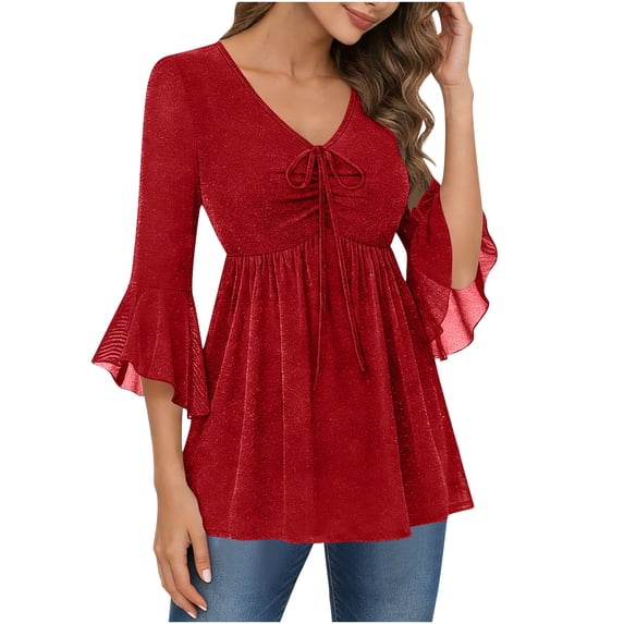 BLVB Sparkly Tops for Women Ruffle 3/4 Sleeve V Neck Double Layers Mesh Blouses Loose Fit Flowy Tunic Tops Spring Shirts