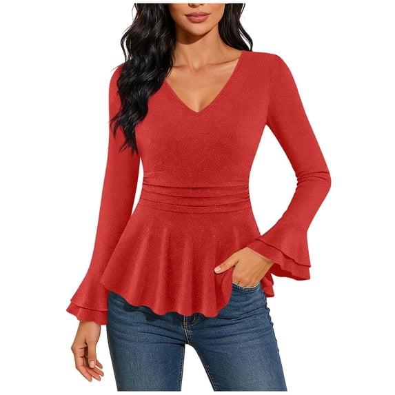 BLVB Sparkly Tops for Women Ruffle Long Sleeve V Neck Peplum Shirts Glitter Blouses for Evening Party Night
