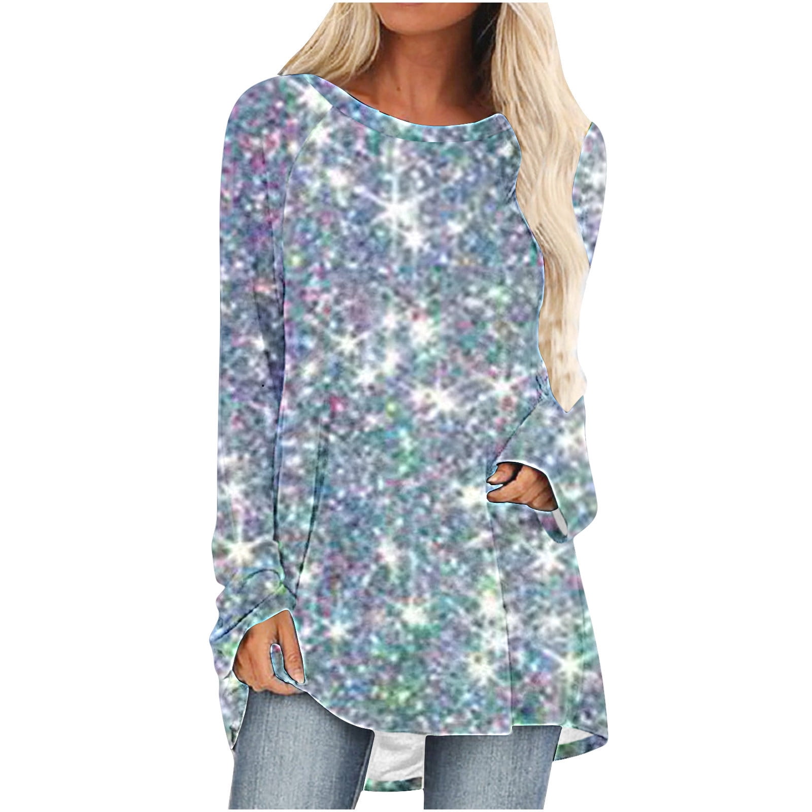 Sparkly Tops for Women Sequin Print Glitter Party Tops Blouse Crewneck Long Sleeve Tunic Shirts for Leggings Silver