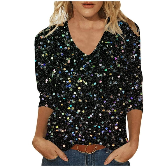 BLVB Sparkly Tops for Women V Neck 3/4 Sleeve Summer Blouse Fashion Printed Tee Shirts Basic Tunic Tops