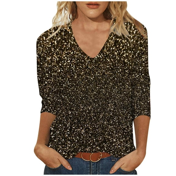 BLVB Sparkly Tops for Women V Neck 3/4 Sleeve Summer Blouse Fashion Printed Tee Shirts Basic Tunic Tops