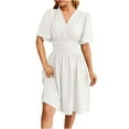 thumbnail image 1 of BLVB Spring Summer Dress for Women 2025 Short Sleeve Wrap V-Neck Dress Pleat Waist Knee Length Dress for Casual Work, 1 of 4