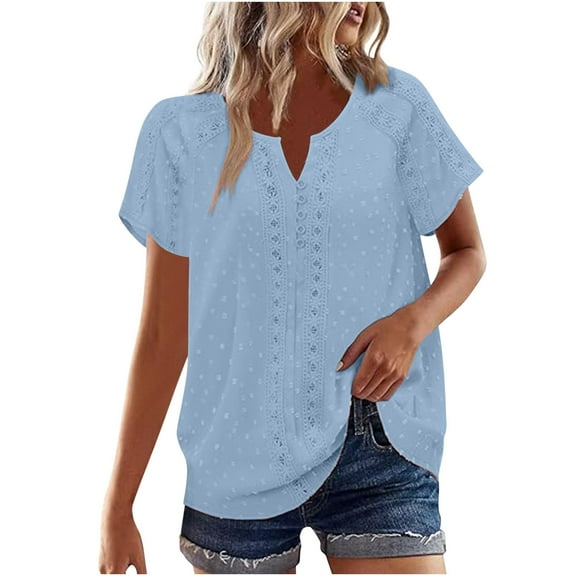 BLVB Spring Tops for Women Casual Flowy Boho Tops Short Sleeve Tshirts V Neck Lace Blouses Summer Clothes