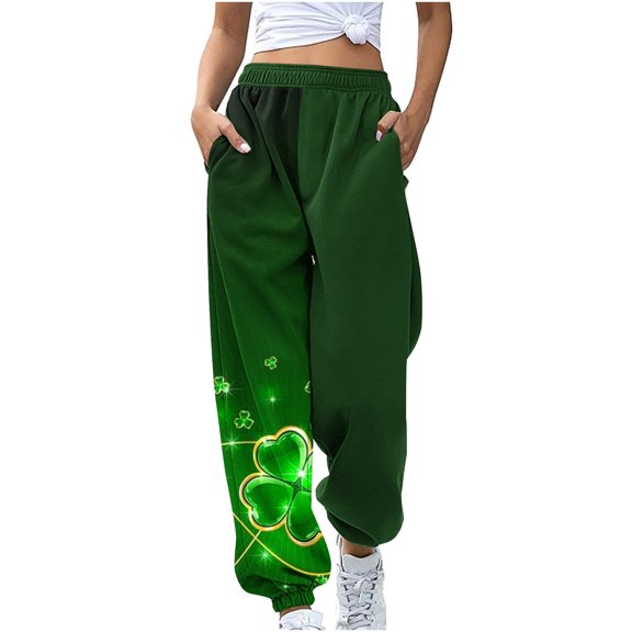 BLVB St. Patrick's Day Four Leaf Clover Print Casual Jogger Pants for Women Loose Sweatpants Activewear with Pockets
