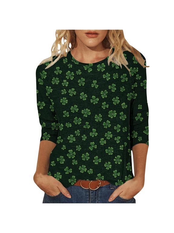 St Patricks Day Shirt Women Plus Size 3/4 Sleeve Cute Tops Shamrock Shirts Crewneck Graphic Tee Tops Outfit