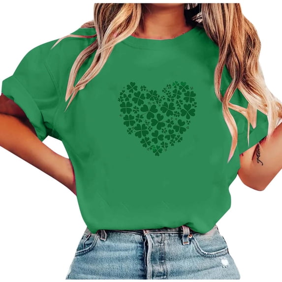 BLVB St Patricks Day Shirt Women Shamrock Graphic Tees Crewneck Short Sleeve T-Shirt Green Tops