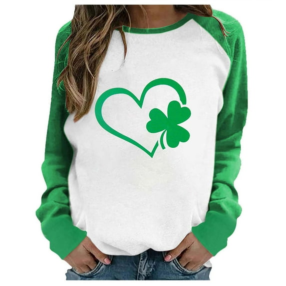 BLVB St Patricks Day Shirt for Women Color Block Long Sleeve Crewneck Tunic Tops Shamrock Tees Tshirts Blouse