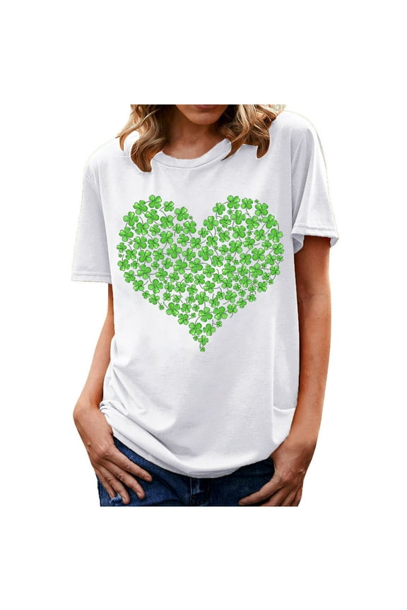 St. Patricks Day Shirt for Womens Cute Clover T-Shirt Shamrock Printed Shirts Short Sleeve Graphic Tees Tops White 6