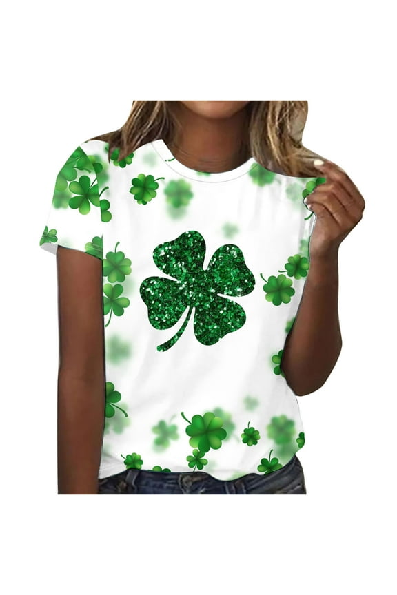 St Patricks Day Shirts Womens Crew Neck Short Sleeve Summer T Shirt Four Leaf Shamrock Graphic Tee Tops