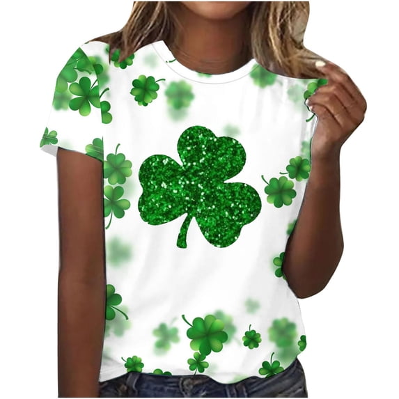 BLVB St Patricks Day Shirts Womens Crew Neck Short Sleeve Summer T Shirt Four Leaf Shamrock Graphic Tee Tops